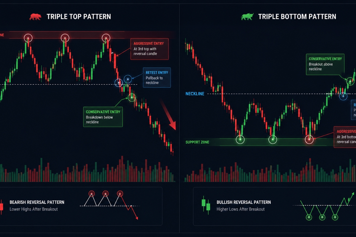 Entry zones in triple top and triple bottom pattern