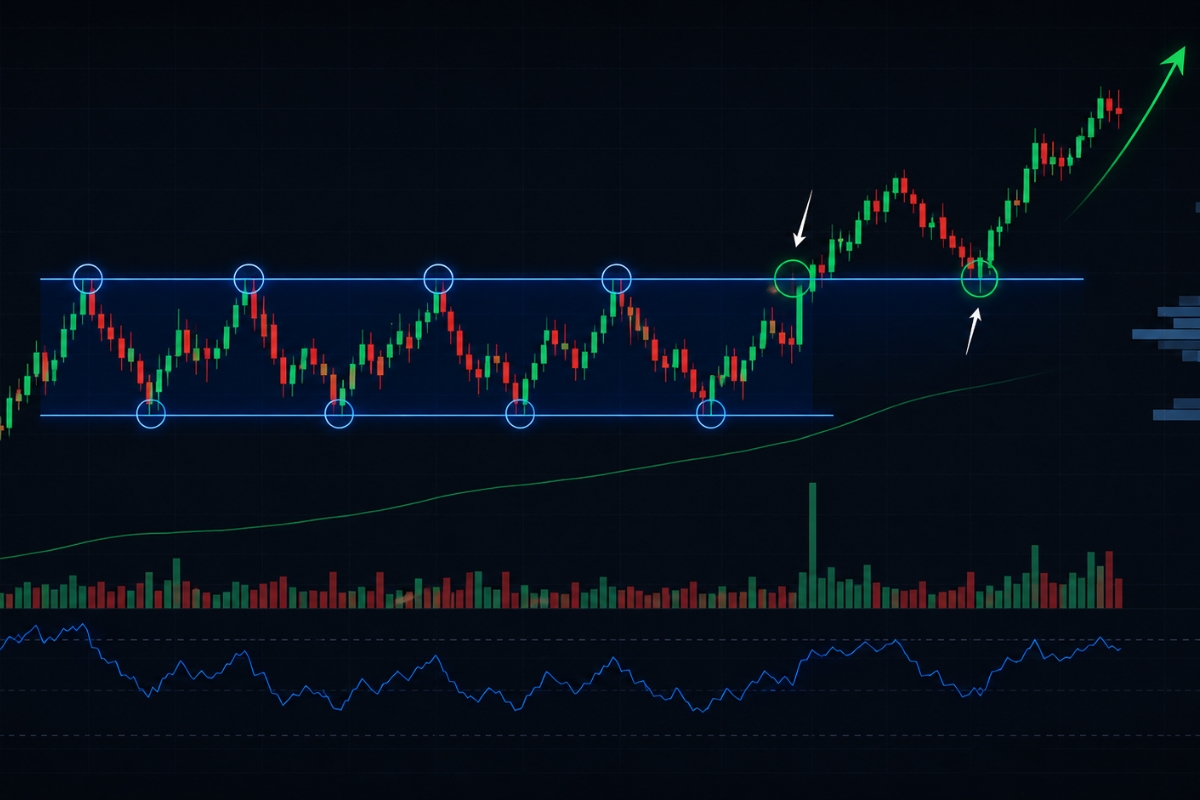 Retest behavior after breakout in rectangle pattern