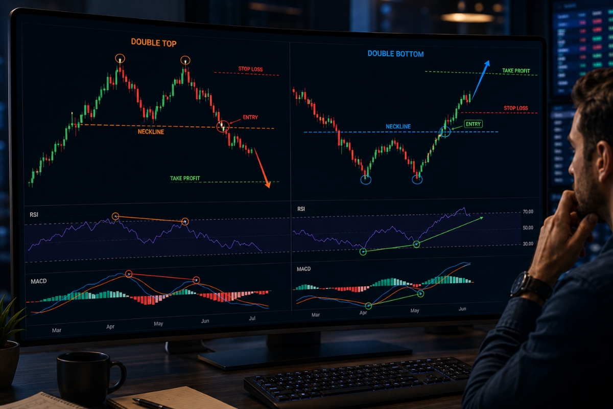 Trading double top and bottom patterns in real markets