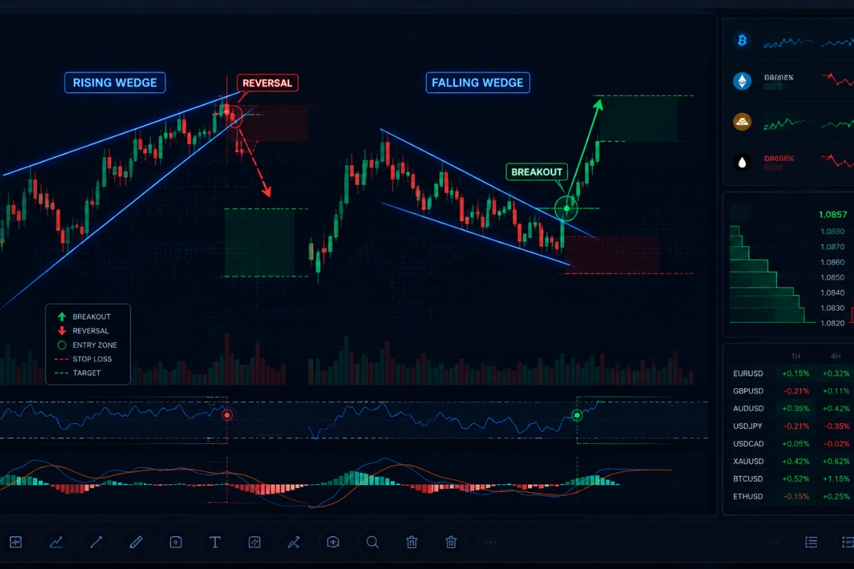 Wedge Pattern Trading: Breakout, Reversal, Signals, Risk