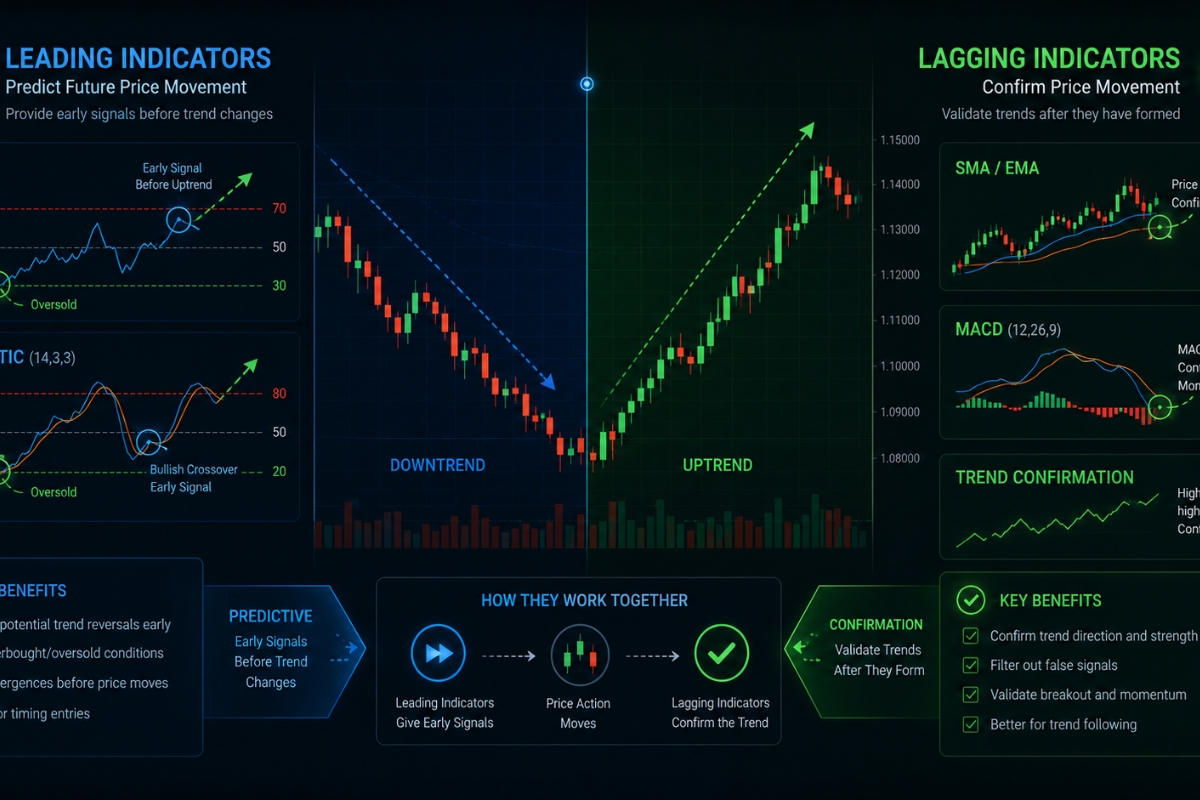 What are leading and lagging indicators in trading?