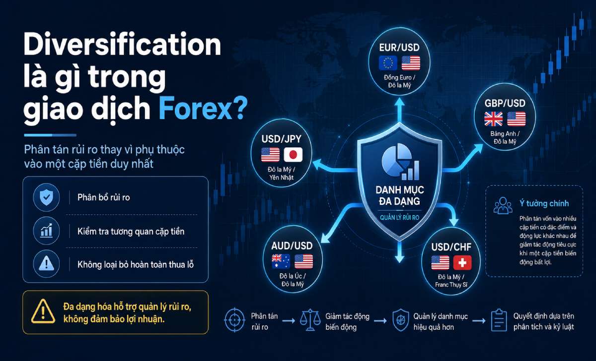 Diversification là cách phân bổ rủi ro ra nhiều tài sản, cặp tiền hoặc nguồn biến động khác nhau Diversification là cách phân bổ rủi ro ra nhiều tài sản, cặp tiền hoặc nguồn biến động khác nhau