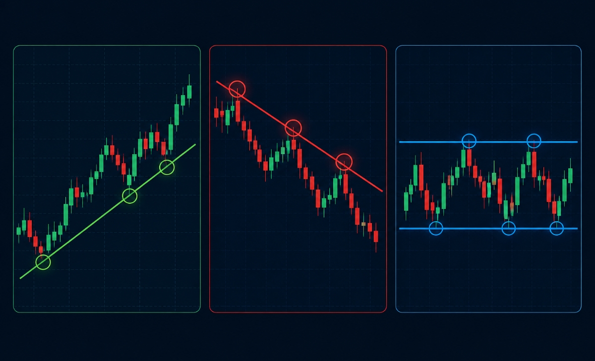 Trendline tăng, trendline giảm và trendline đi ngang trên biểu đồ