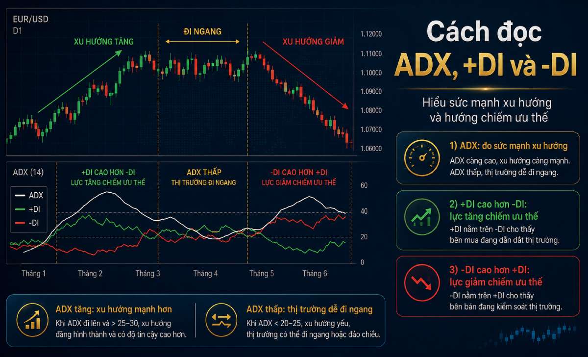 Cách đọc ADX, +DI và -DI trong giao dịch Forex