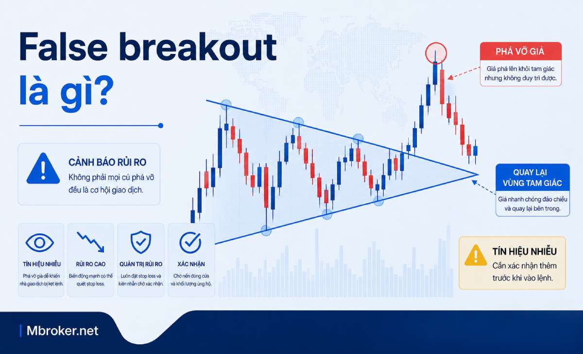 False breakout trong mô hình tam giác khi giá phá vỡ giả rồi quay lại vùng cũ False breakout trong mô hình tam giác khi giá phá vỡ giả rồi quay lại vùng cũ