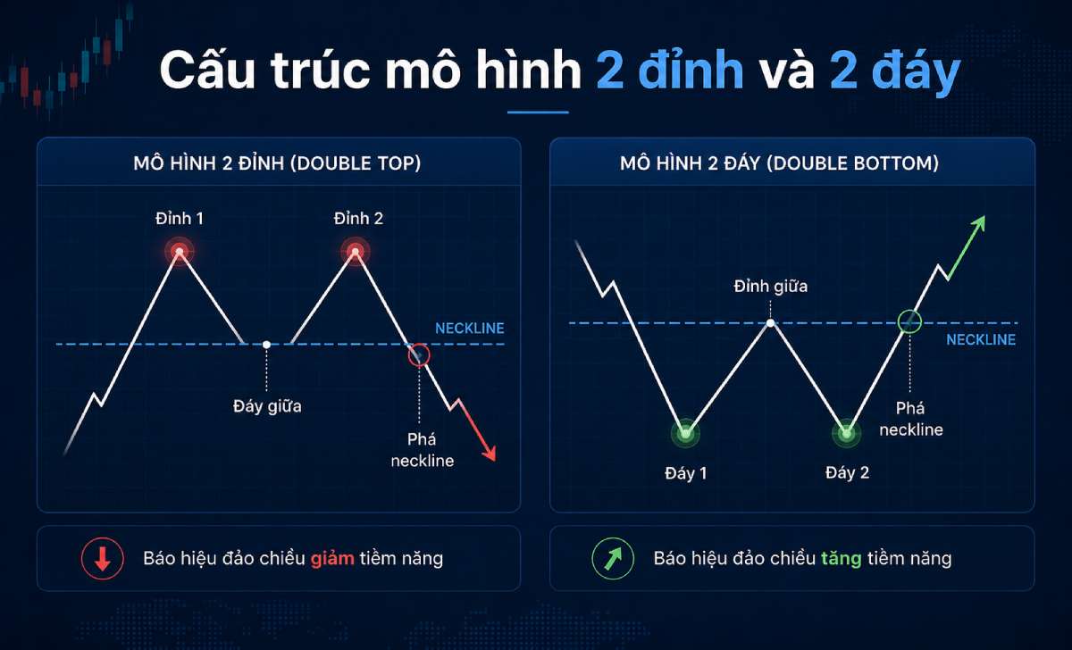Cấu trúc mô hình 2 đỉnh và 2 đáy trên biểu đồ giá Cấu trúc mô hình 2 đỉnh và 2 đáy trên biểu đồ giá