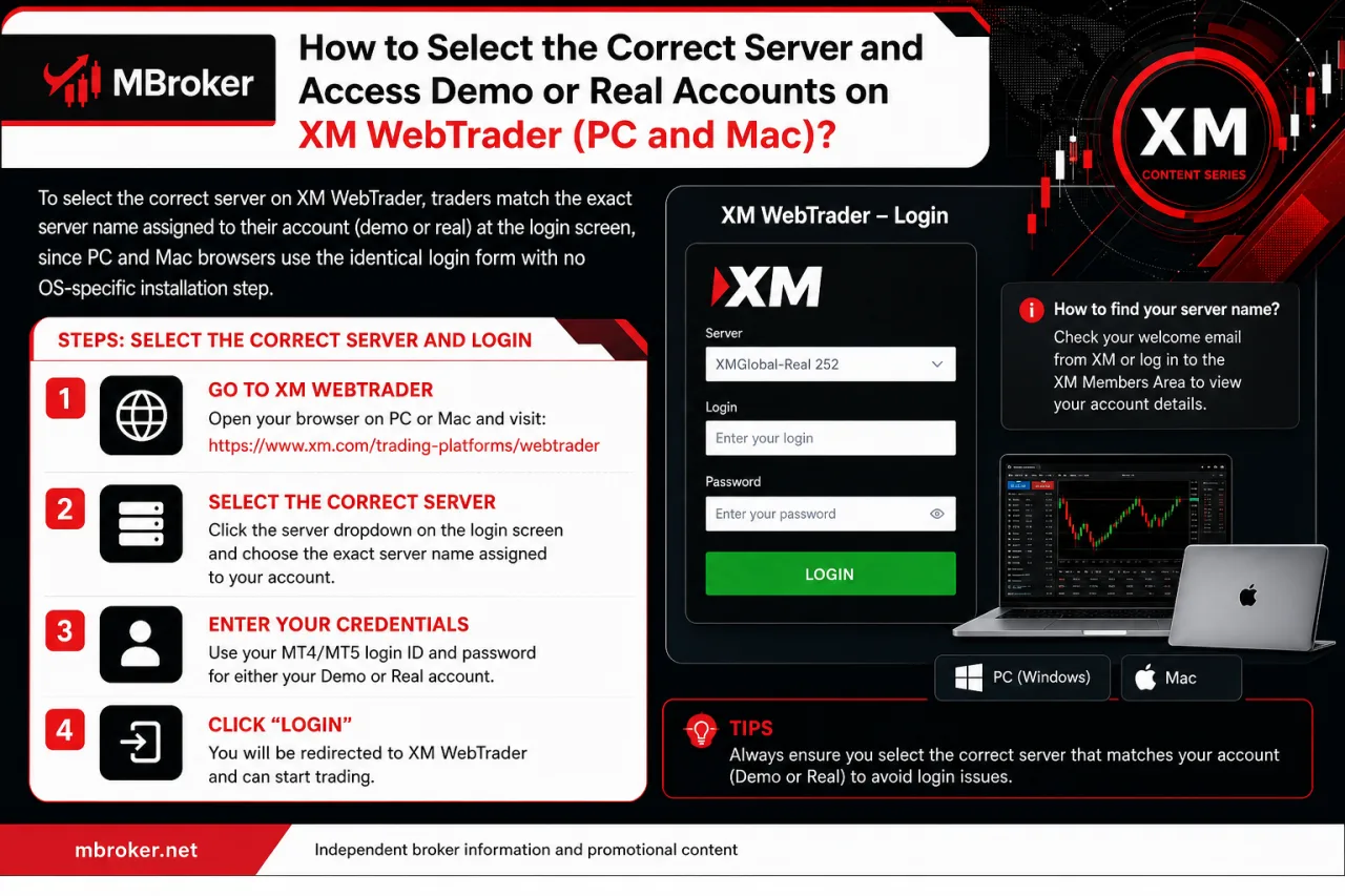 How to Select the Correct Server and Access Demo or Real Accounts on XM WebTrader (PC and Mac)