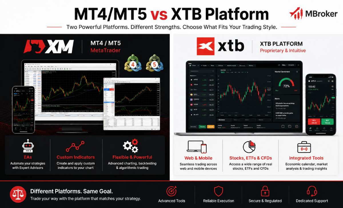 XM MT4 and MT5 compared with the XTB proprietary trading platform