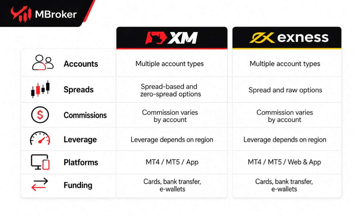 Comparison of XM and Exness accounts, spreads, commissions, platforms and funding conditions